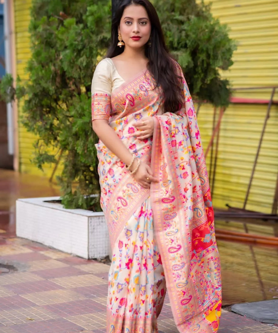 Kashmiri Silk Weaving Multiple Color Printed Sari & Blouse