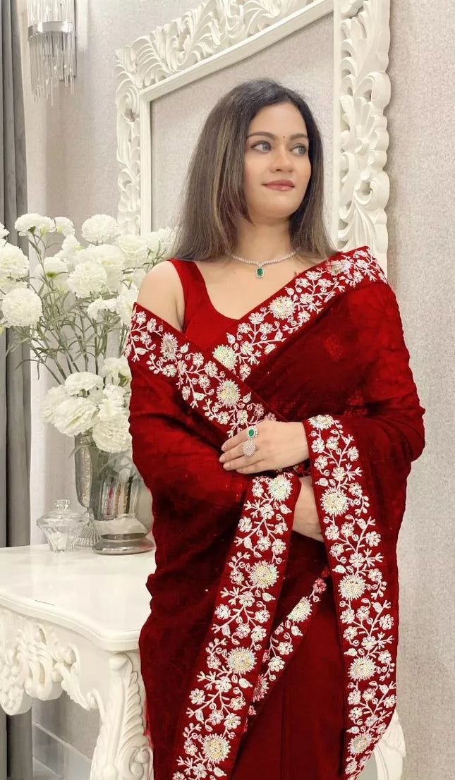 Georgette With Designer Floral Embroidery Work Sari & Blouse
