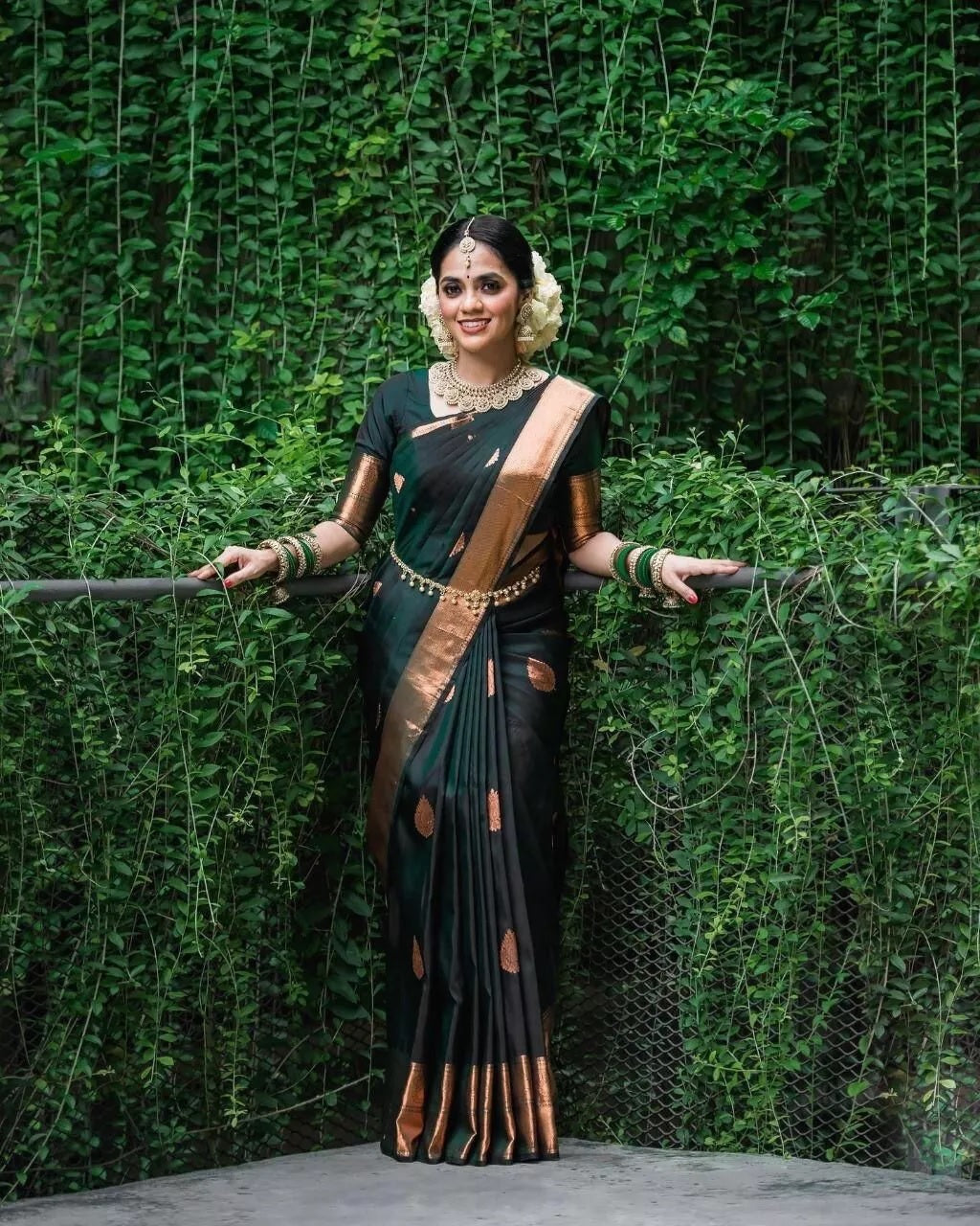Dark Green Soft Lichi Silk Indian Beautiful Saree Blouse