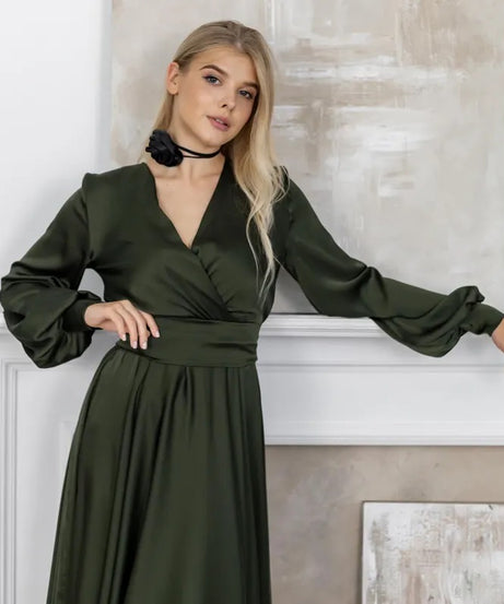 Olive Green Bridesmaid Dress V-Neck Satin Dress