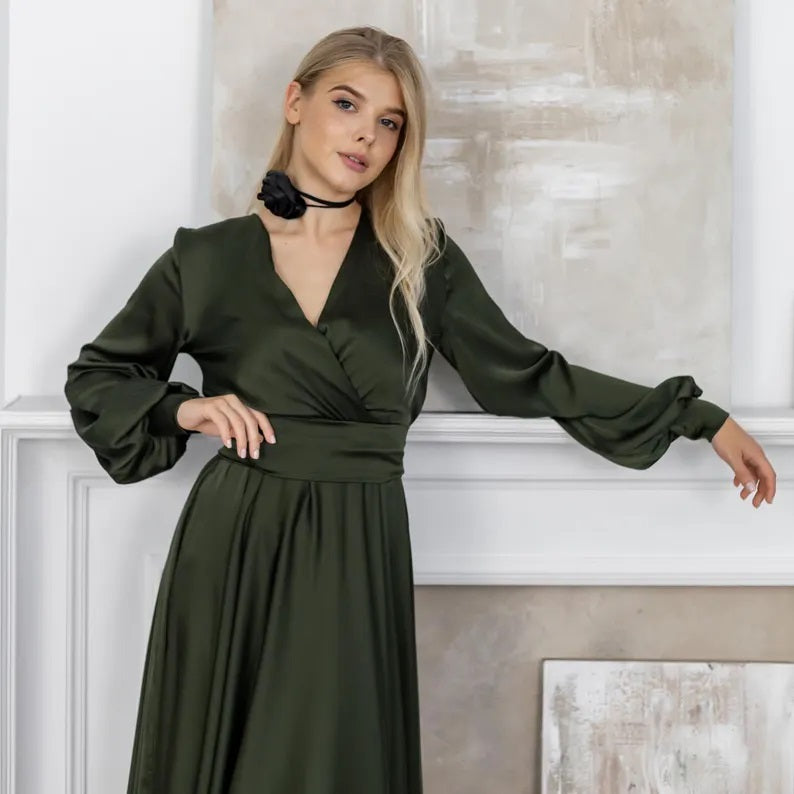 Olive Green Bridesmaid Dress V-Neck Satin Dress