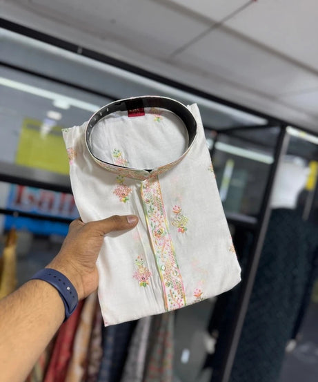 Traditional Silk Embroidery Kurta With Cotton Pajama Set For Men's, Wedding Wear Kurta Set