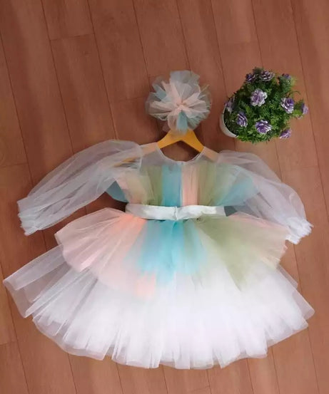 Little Girl's Net Full Flair With Multi Color Dress