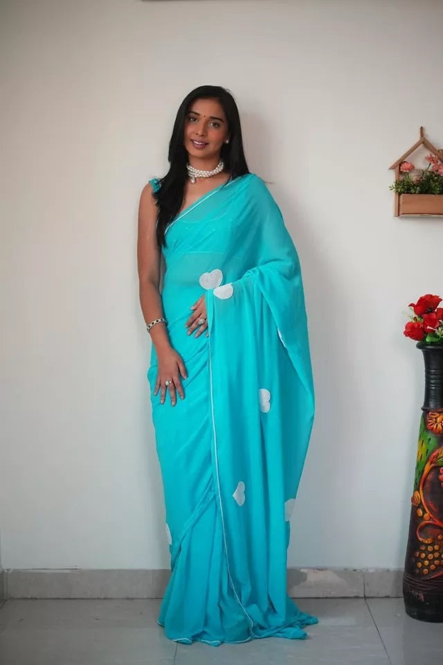Georgette Embroidery Work Ready To Wear Sari With Blouse