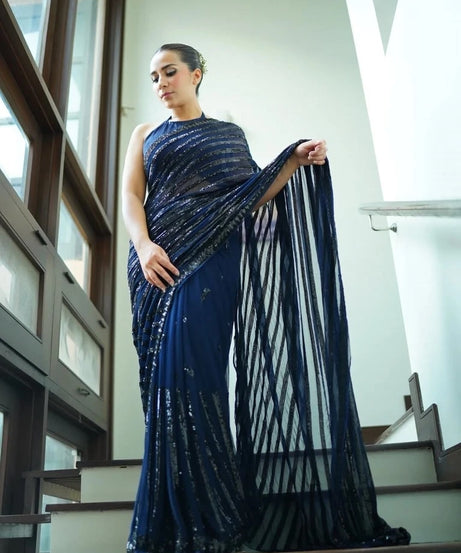 Party Wear Georgette With Embroidery Sequence Work Saree With Blouse