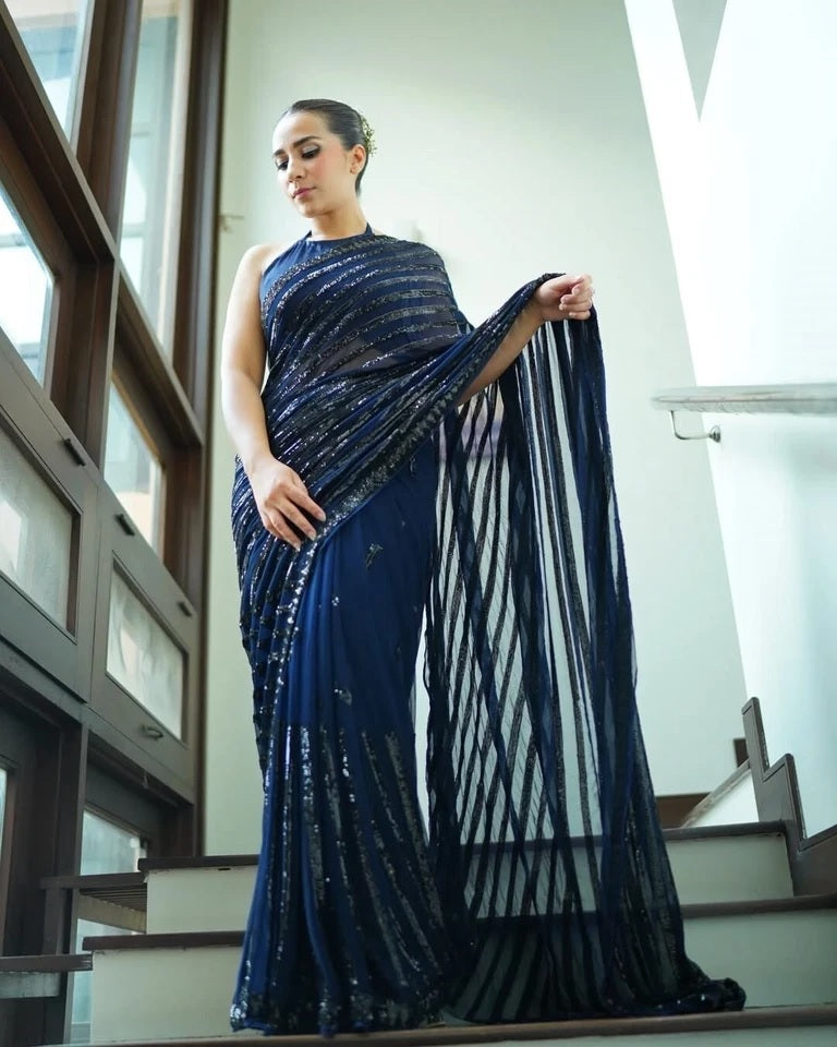 Party Wear Georgette With Embroidery Sequence Work Saree With Blouse