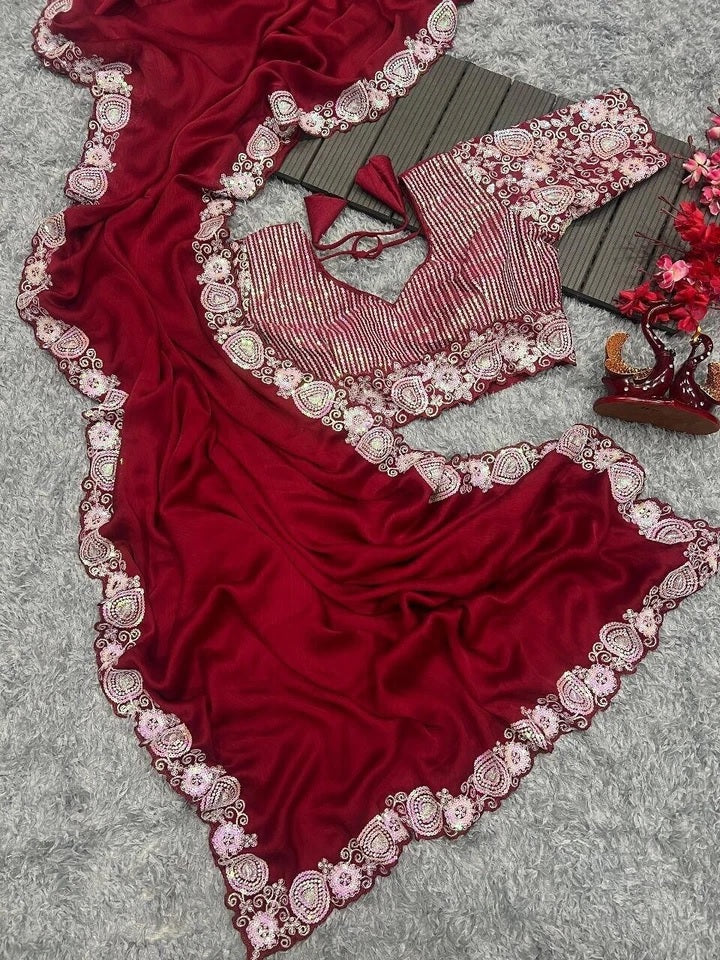 Soft Rangoli Silk With Embroidery,Sequence Work Wedding Party Wear Saree With Blouse11-KK