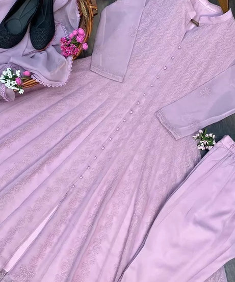 Women's Georgette With Embroidery Work Top Pant & Dupatta Set