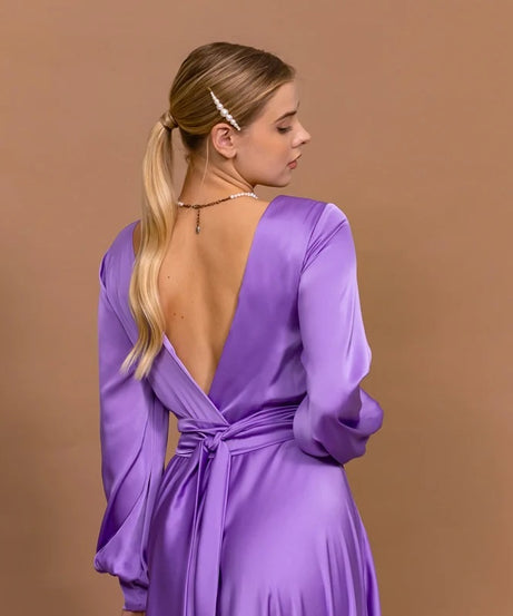 Purple Wedding Guest Dress Open Back Dress Long Slit Dress