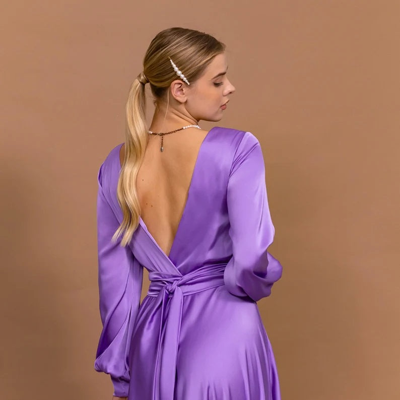Purple Wedding Guest Dress Open Back Dress Long Slit Dress