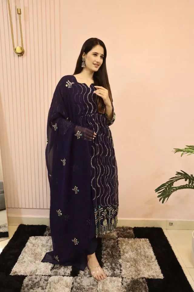 Ethnic Designer Stylish Stitched Faux Georgette Long Anarkali Gown Dupatta