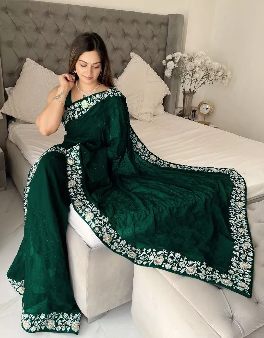 Party Wear Faux Georgette Saree, Indian Wedding Sari With Blouse
