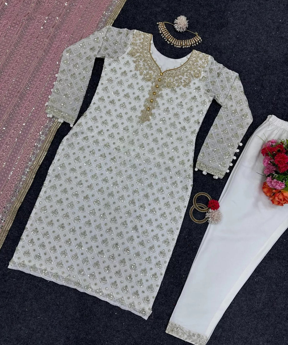 Faux Georgette Traditional Style Top Pant & Dupatta Set