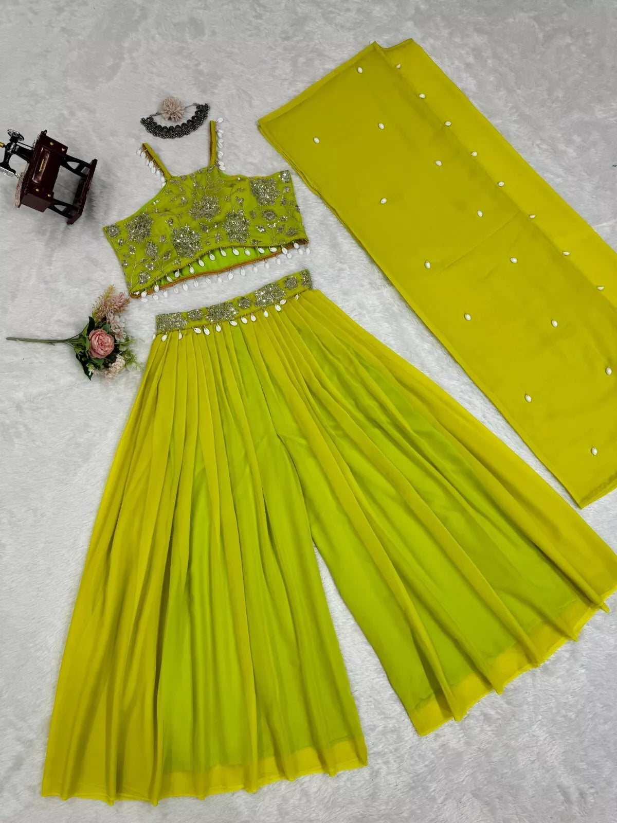 Georgette Sequence & Kodi Lace Border Choli Sharara With Koti
