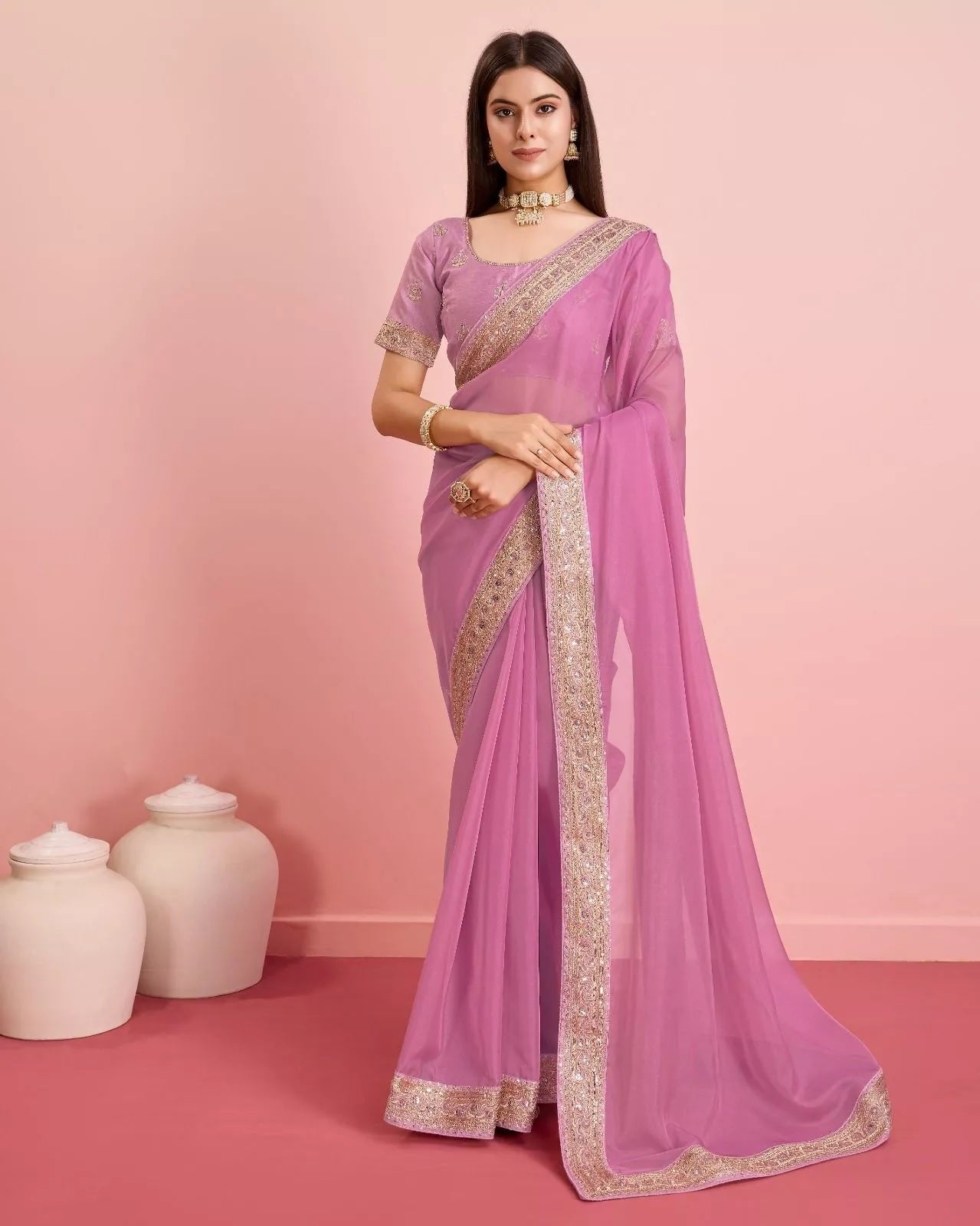 Tabby Silk Organza With Embroidery Lace Work Sari &  Blouse