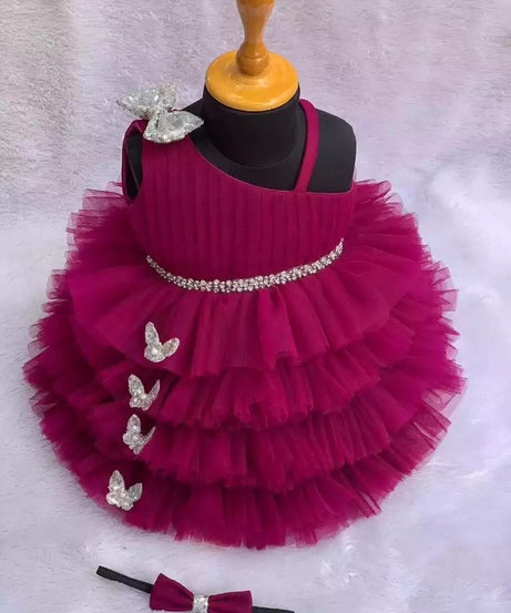 Lovely Sequins Bow and Diamond Belt Net Frock for Baby Girls
