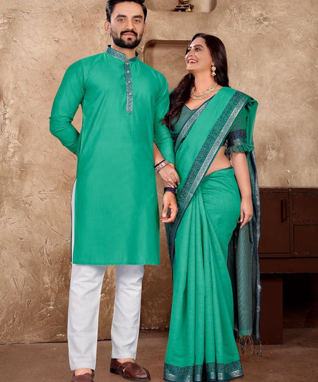 Linen Silk Kurta And Saree Set & Couple Combo Set