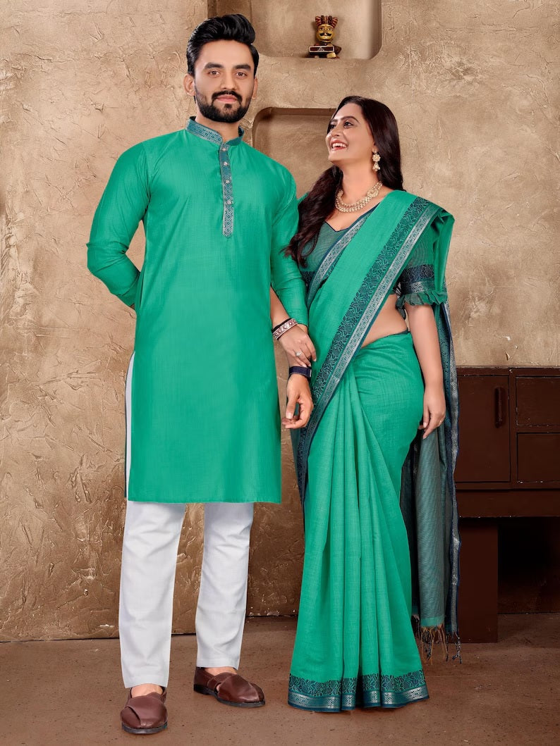 Linen Silk Kurta And Saree Set & Couple Combo Set