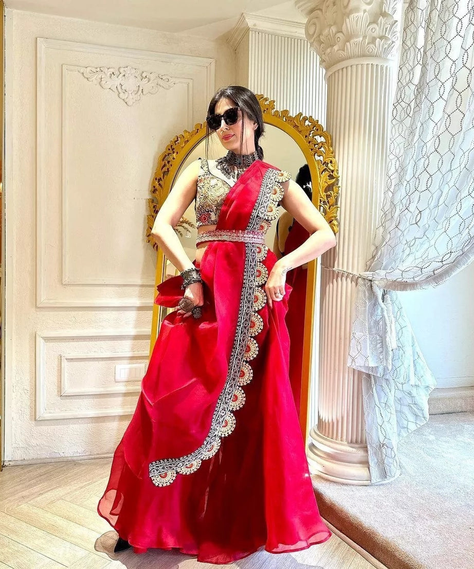Organza Silk  Indo Western Sharara Blouse With Shrug Set