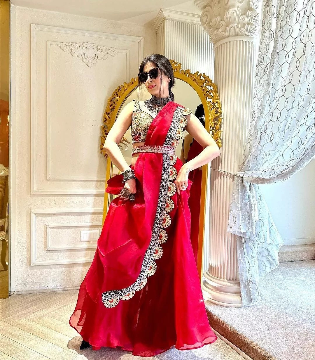 Organza Silk  Indo Western Sharara Blouse With Shrug Set