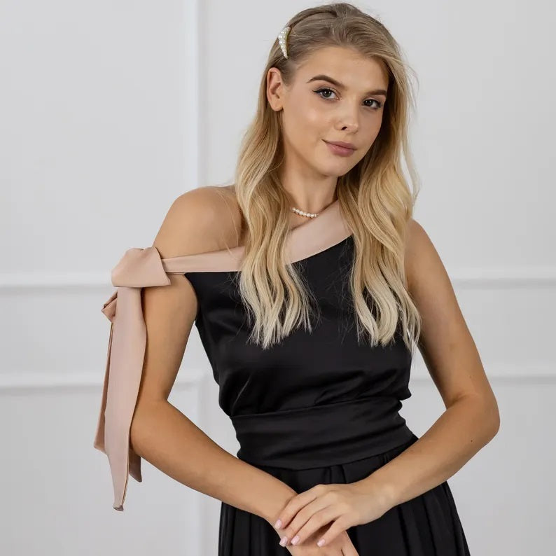 Satin Black Bridesmaid Dress - One Shoulder Satin Dress