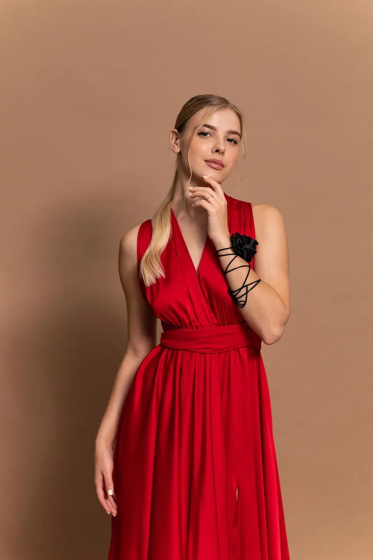 Flowy Red Dance Dress Low Back Evening Gown Sleeveless Satin Flowy Dress