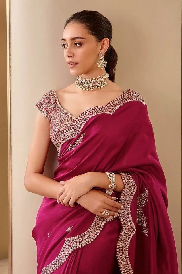 Soft Vichitra Silk With Fancy Thread Work & Sequence Work Saree With Blouse