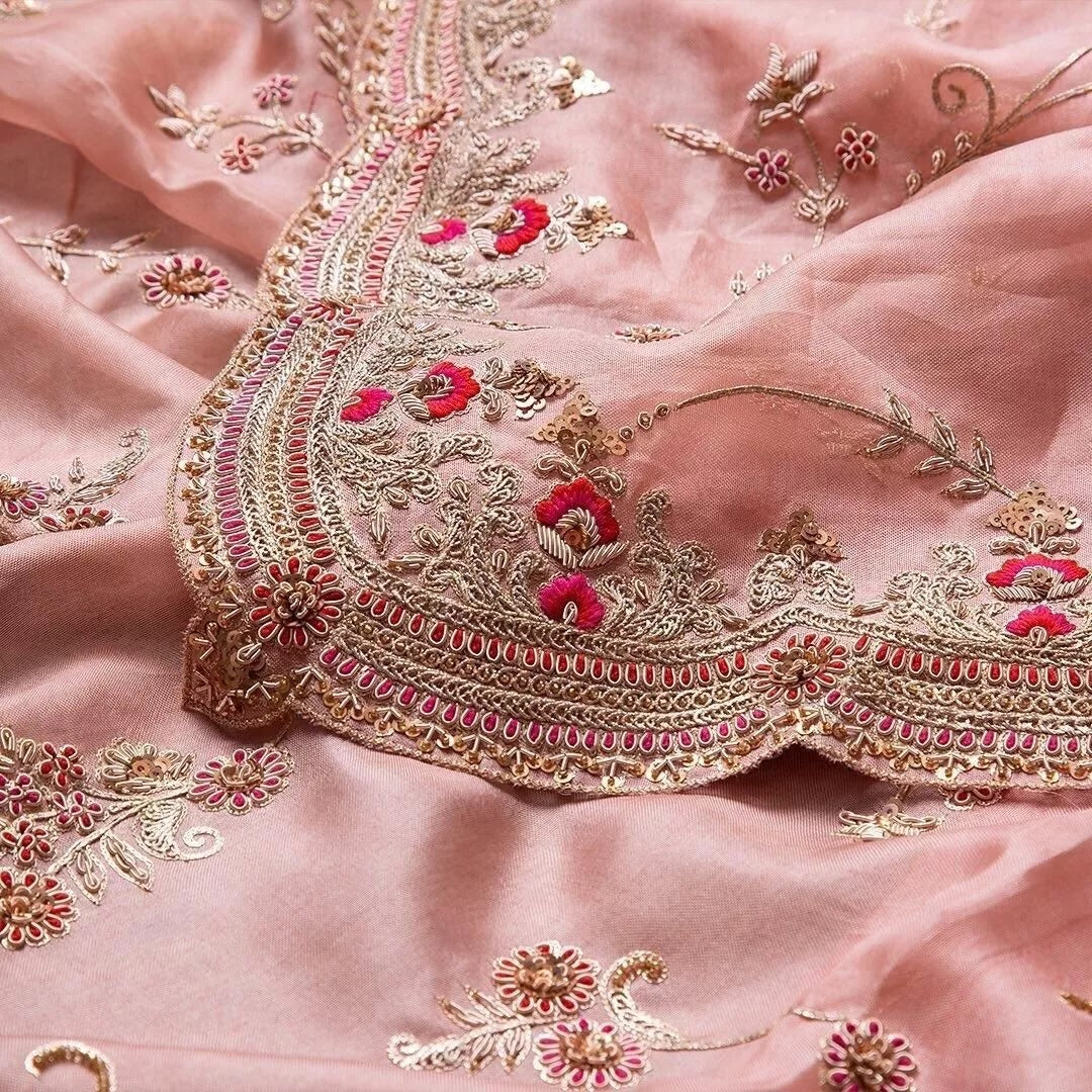 Heavy Satin Silk Fabric With Embroidery Thread Work Saree & Blouse