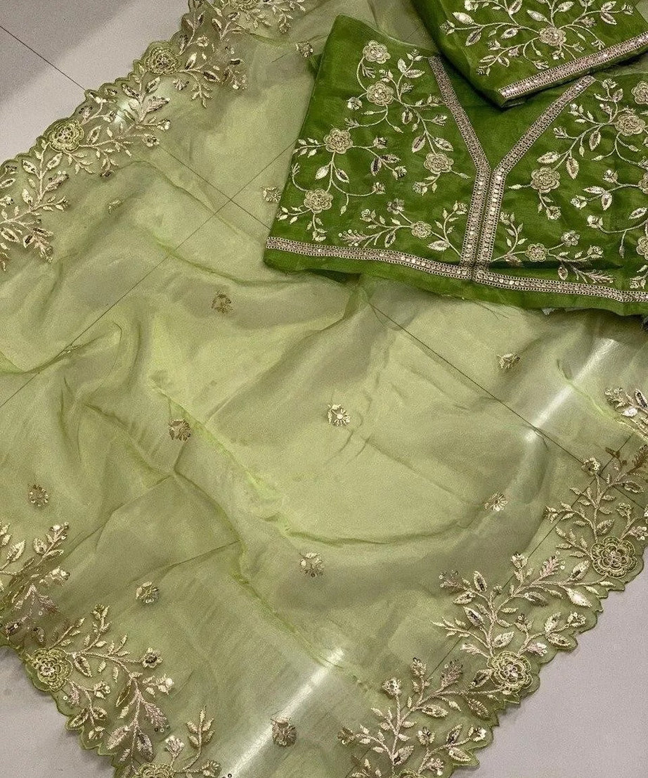 Light Green Soft Organza With All Over Embroidery Work  Sari & Blouse