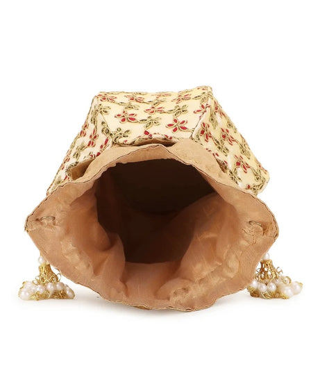 Lotus Floral Embroidered Faux Silk Potli Handbag