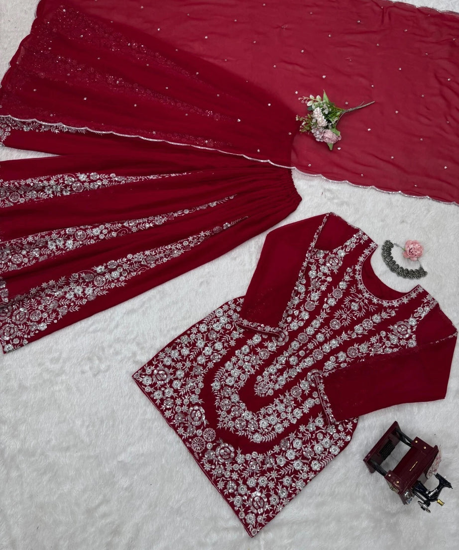 Full Stitched Faux Georgette Top Palazzo Dupatta