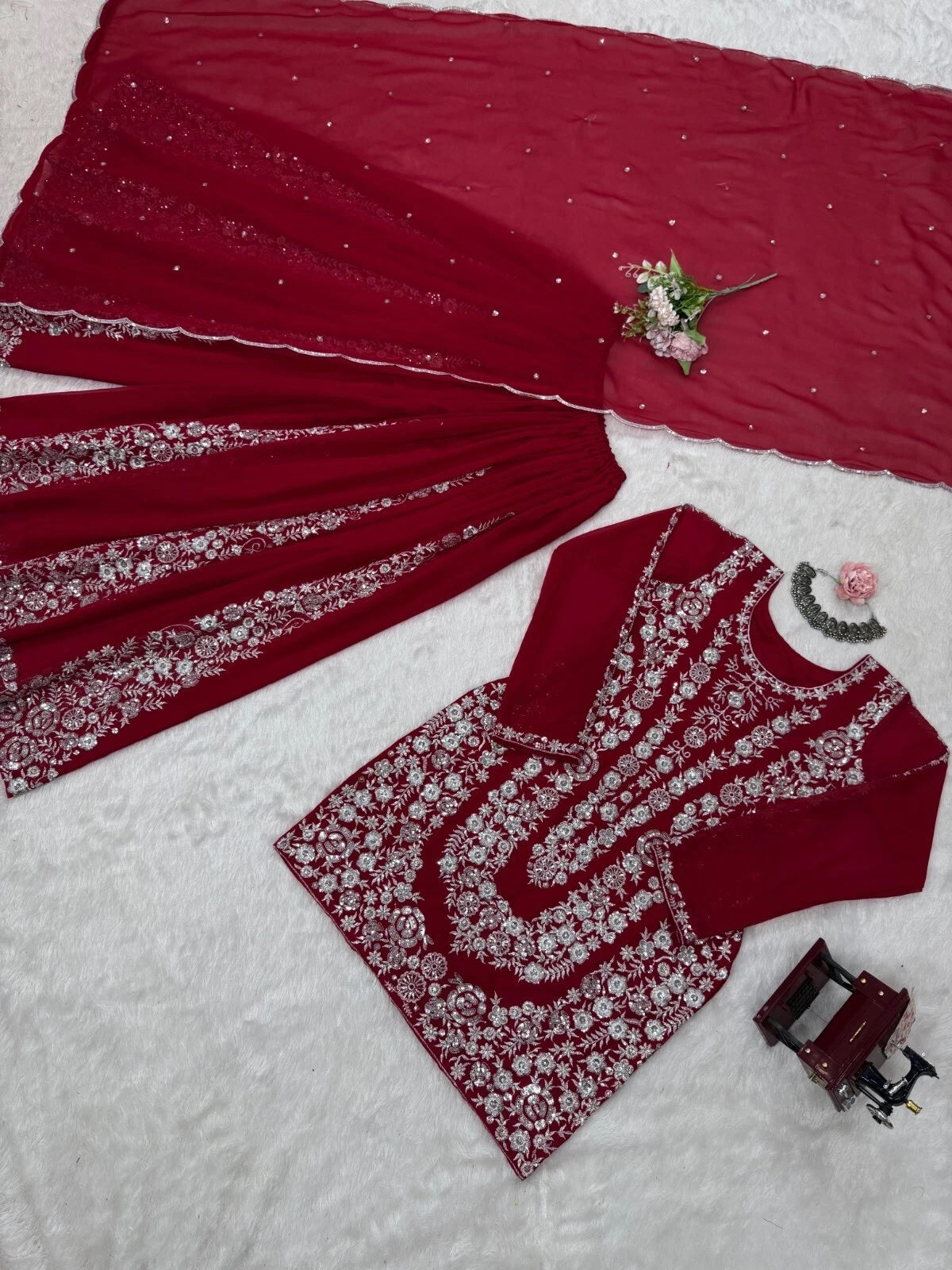 Full Stitched Faux Georgette Top Palazzo Dupatta