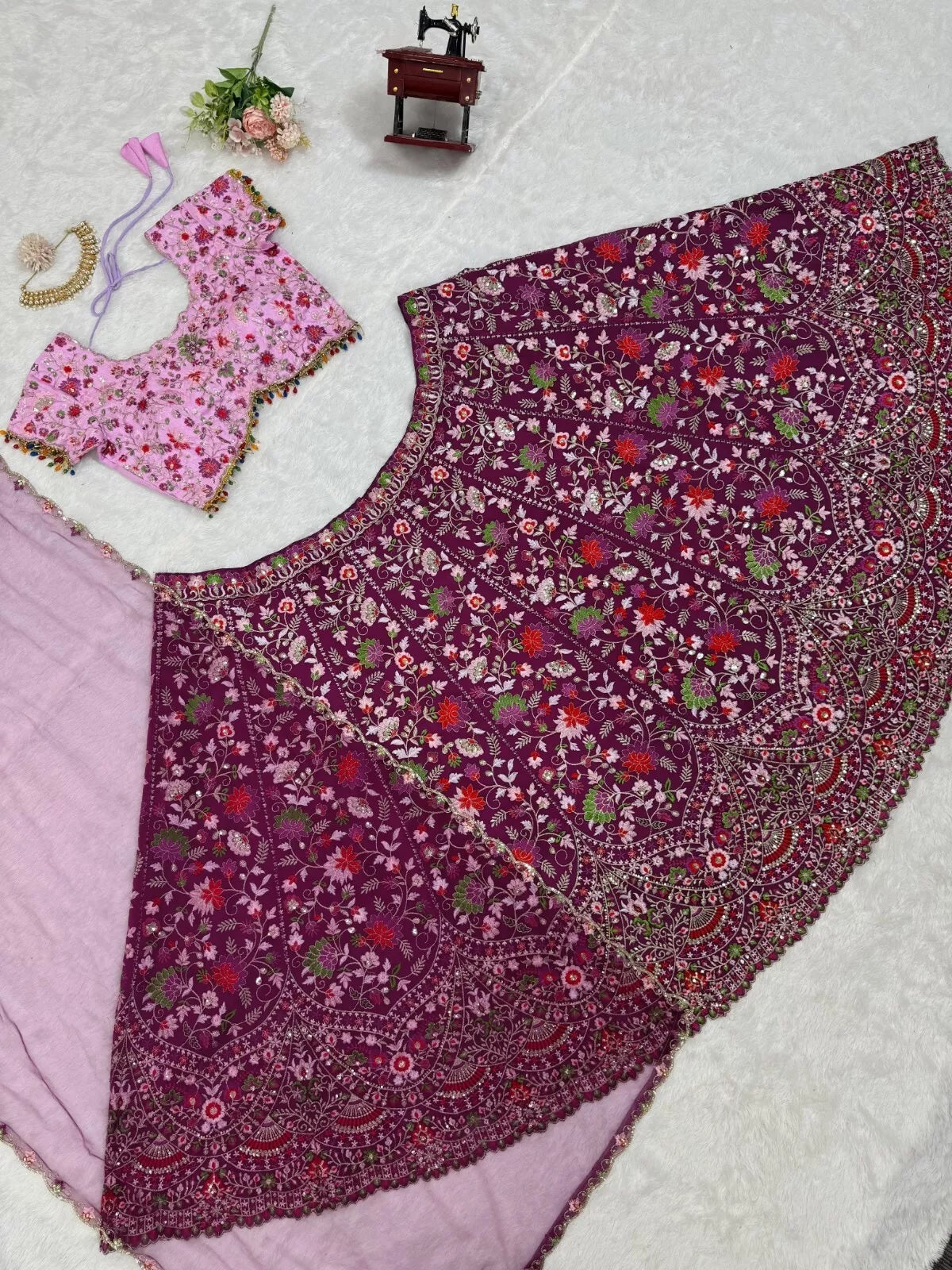 Georgette With Thread Sequence Work Lehenga Blouse & Dupatta