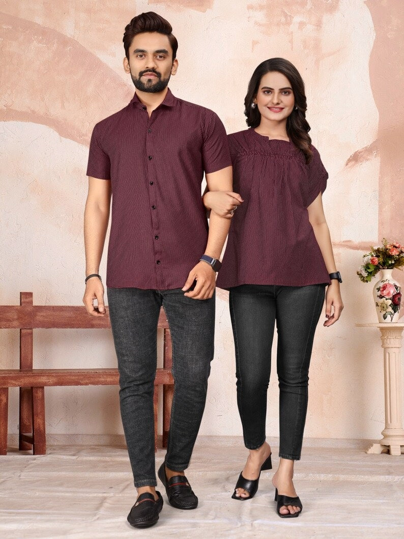 Pure Cotton Lining Pattern Tunic Top & Shirt Combo Set