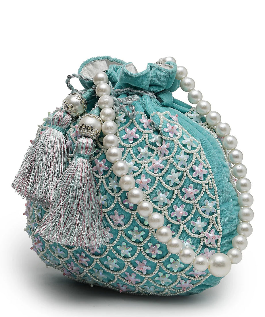 Dangle Fish Scale Embellished Velvet Potli Bag