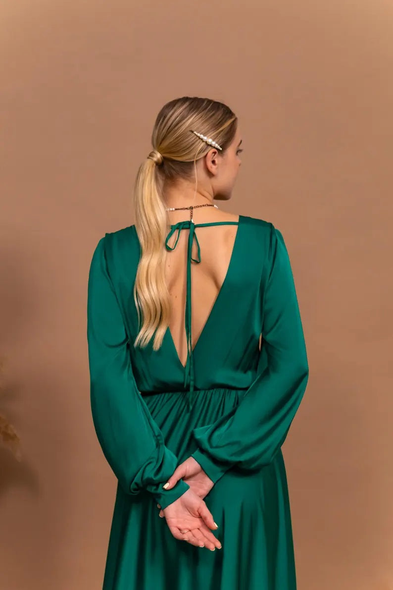 Satin Open Back Dress Emerald Green Evening Dress
