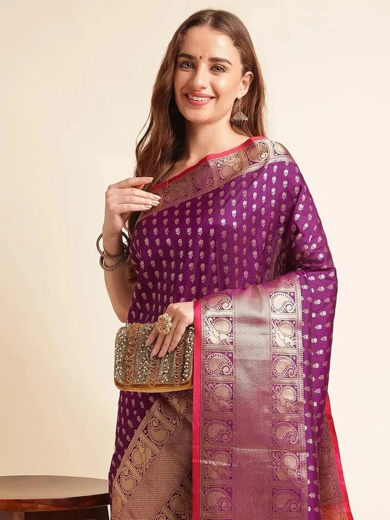 Traditional Banarasi Silk Saree with Gold Zari Weaving Sari & Blouse