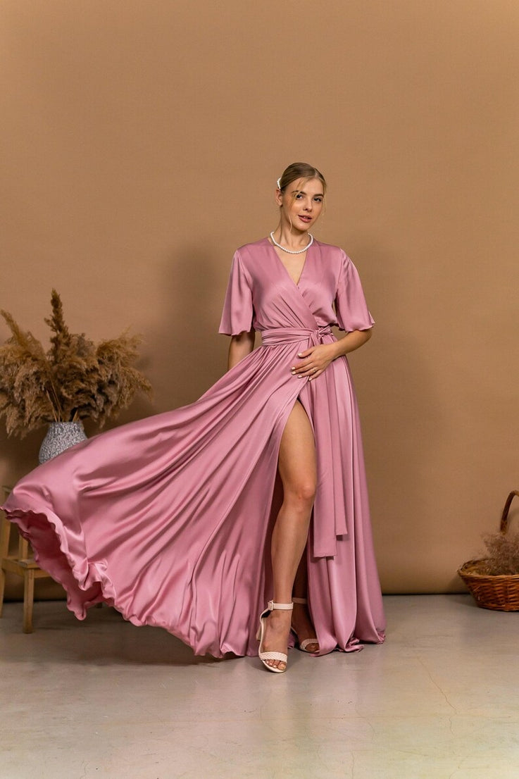 Custom-Made Rose Gold Satin Dress Wedding Guest Dress