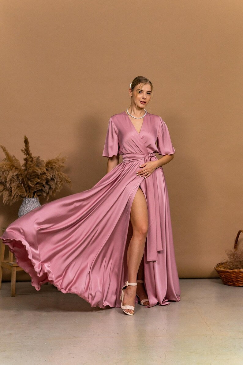 Custom-Made Rose Gold Satin Dress Wedding Guest Dress