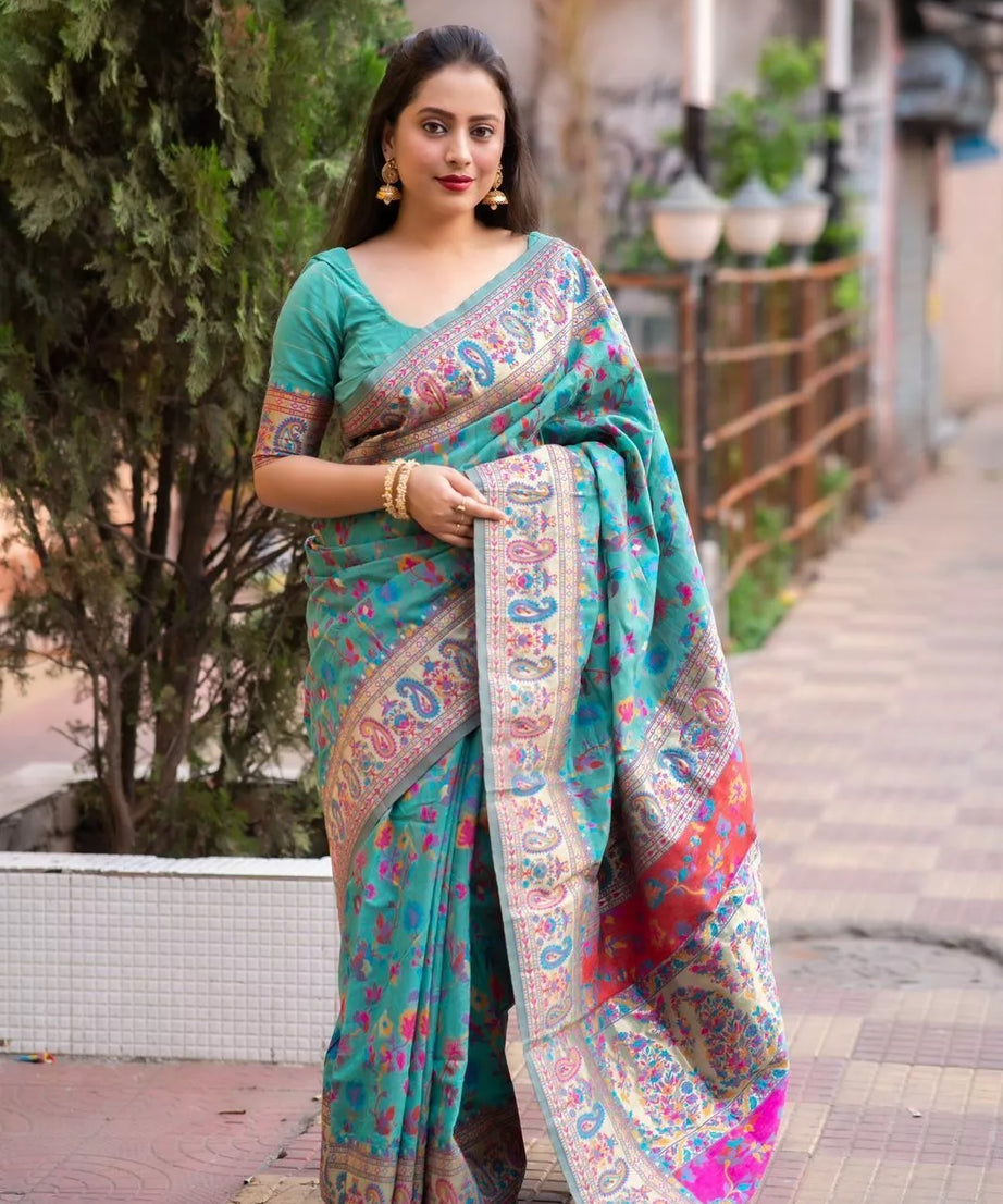 Kashmiri Silk Weaving Multiple Color Printed Sari & Blouse