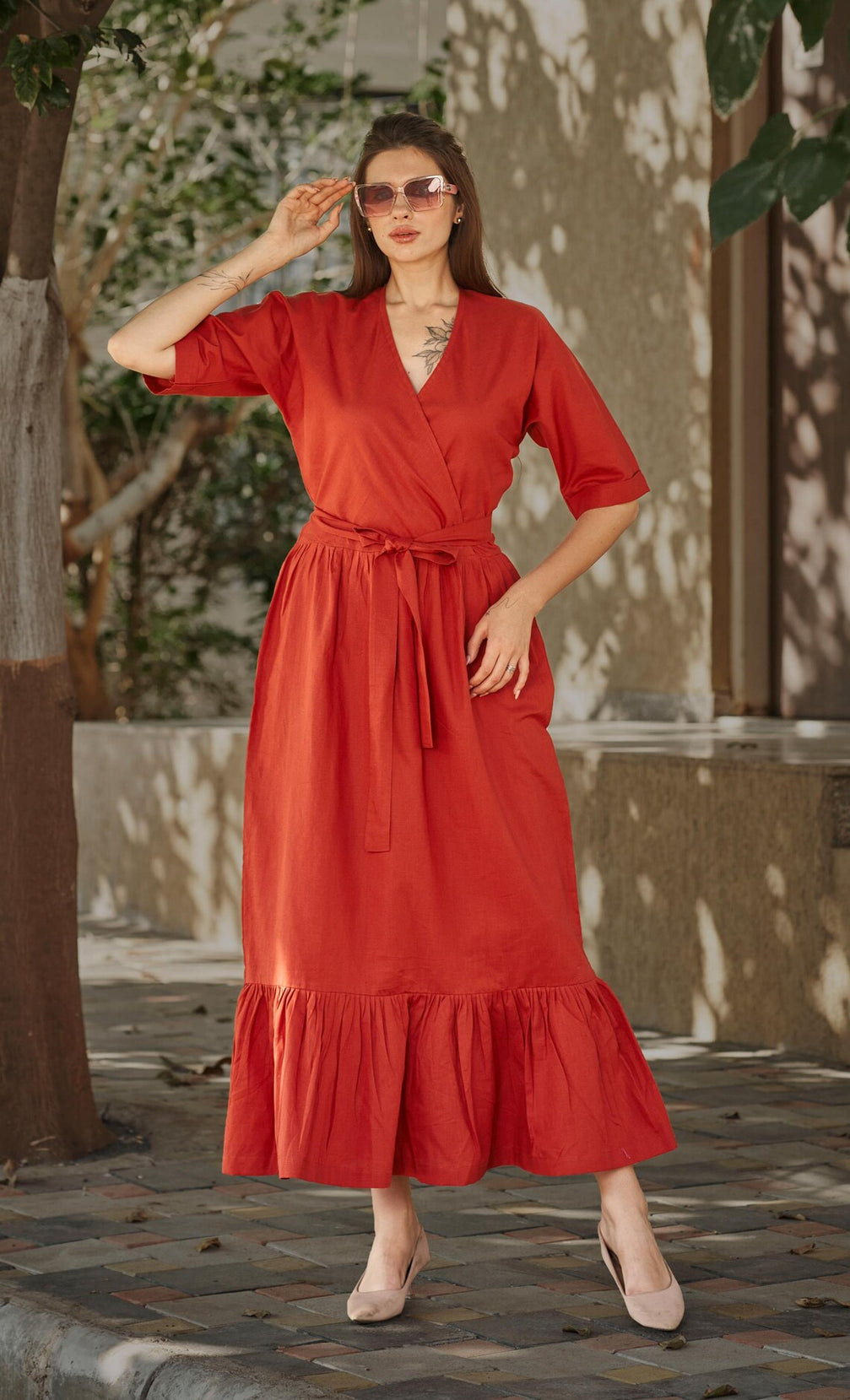 Linen V- Neck half Sleeve With Adjustable Maxi Dress