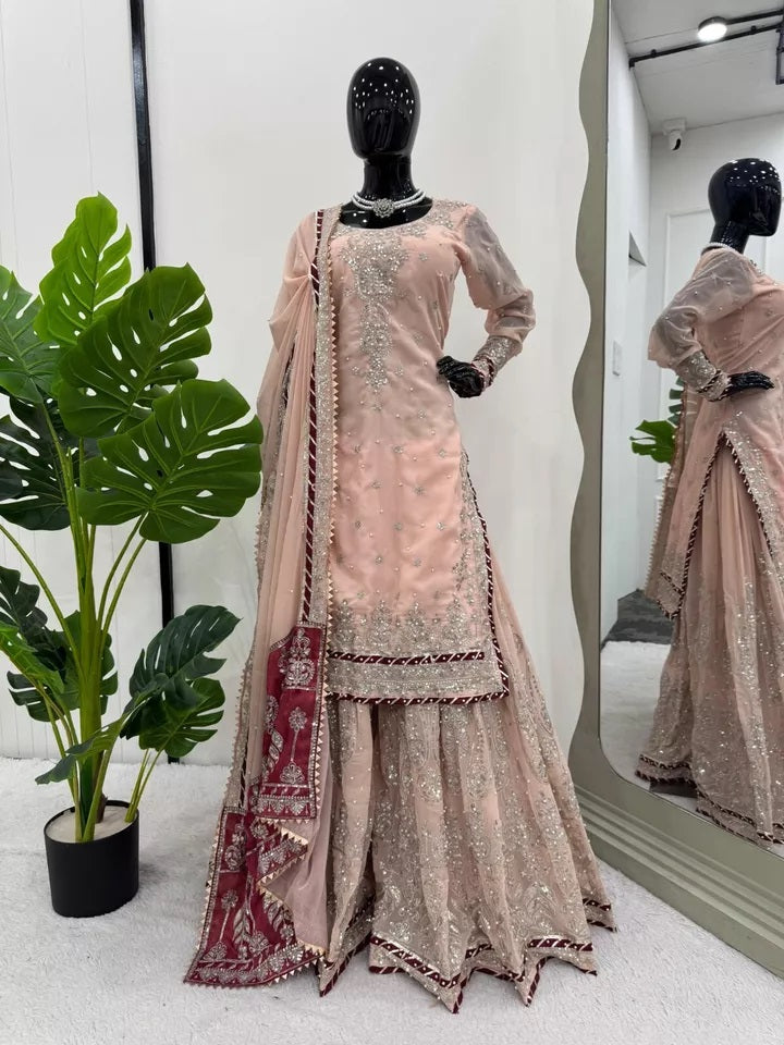 Indian Wedding Special Ethnic Stitched Faux Georgette Top Sharara Dupatta