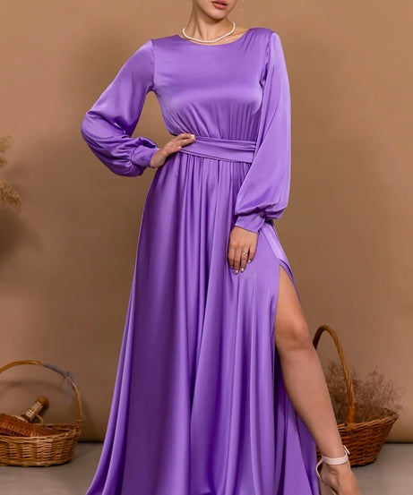Purple Wedding Guest Dress Open Back Dress Long Slit Dress
