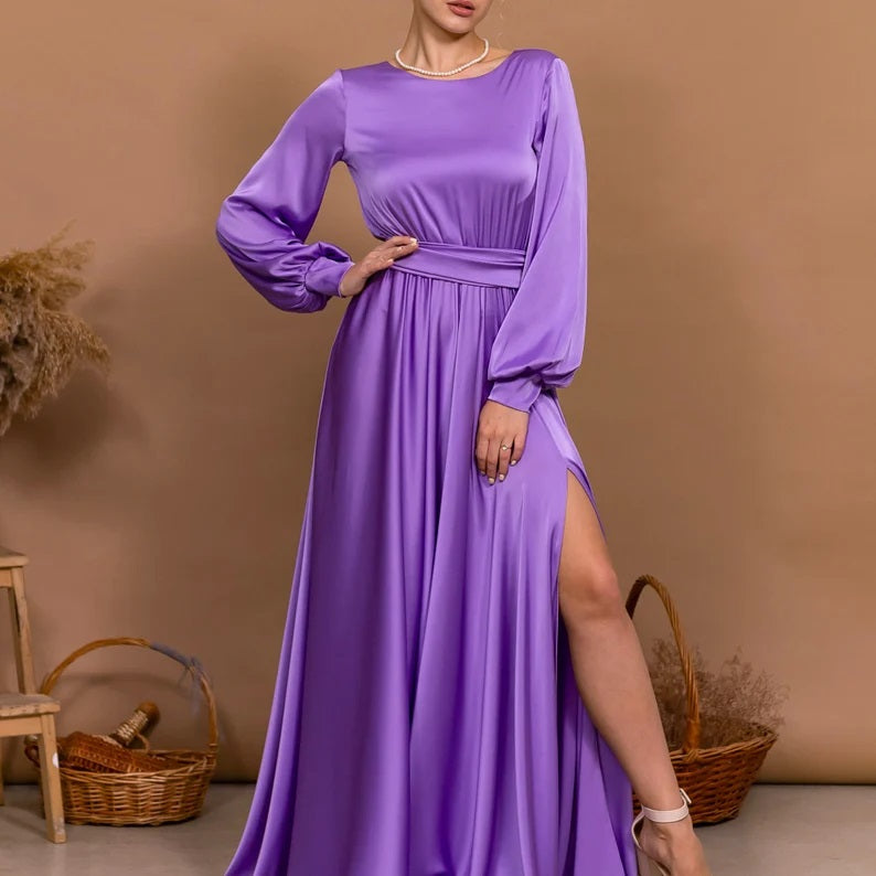 Purple Wedding Guest Dress Open Back Dress Long Slit Dress