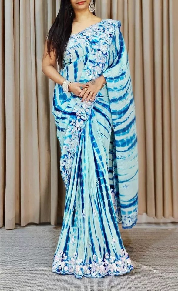 Traditional Soft Crush Multi Color Print Georgette Saree And Blouse
