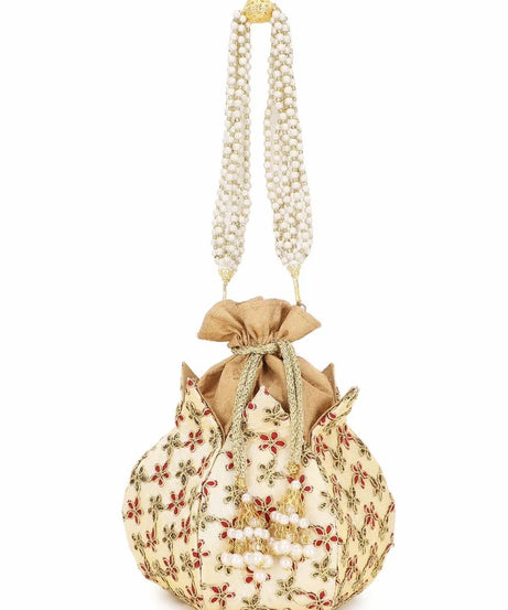 Lotus Floral Embroidered Faux Silk Potli Handbag