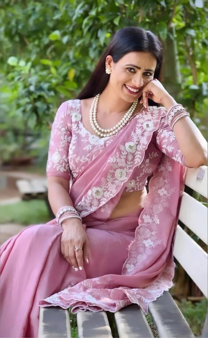 Pink Pure Chinon Silk With Embroidery Work Sari & Blouse