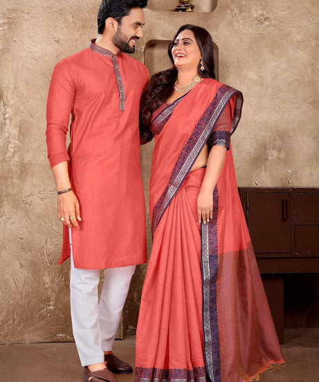 Linen Silk Kurta And Saree Set & Couple Combo Set