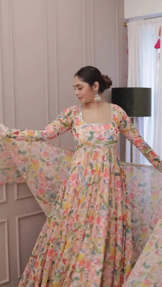Georgette With Inner  Digital Print Mirror Work Anarkali Suit & Dupatta