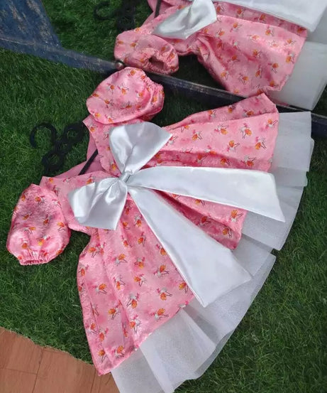 Chic Baby Pink Floral Printed and Butterfly Jacquard Frock